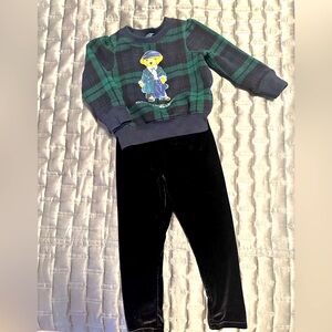 2T/3T Girls RL Polo bear plaid fleece sweatshirt & velvet black pants outfit 💚🖤